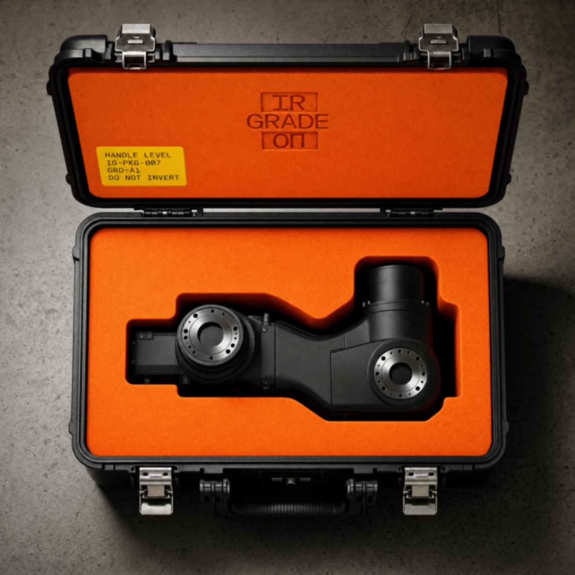 IRONGRADE transit case with orange foam interior